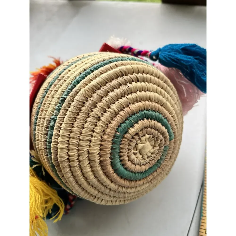 Moroccan handmade straw Lidded Baker pom poms, Boho Folk Art Raffia box